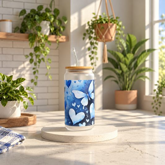 Frosted Glass Tumbler with Butterfly & Hearts Design – 16oz