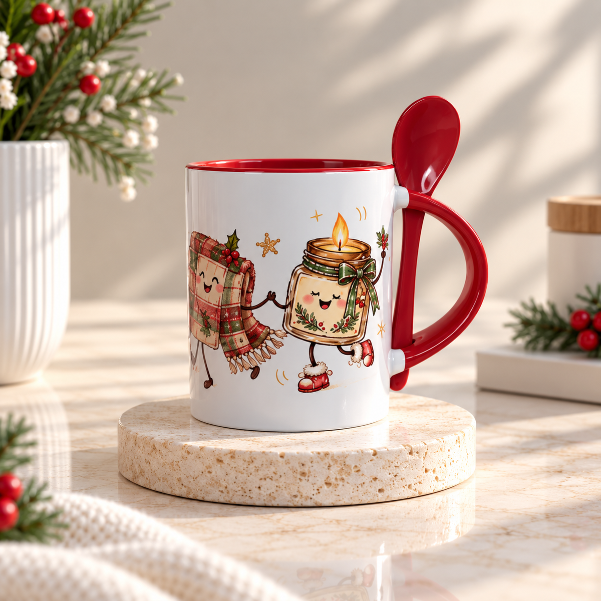 Cozy Christmas Friends Ceramic Mug with Spoon (11 oz)