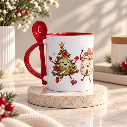 Cozy Christmas Friends Ceramic Mug with Spoon (11 oz)