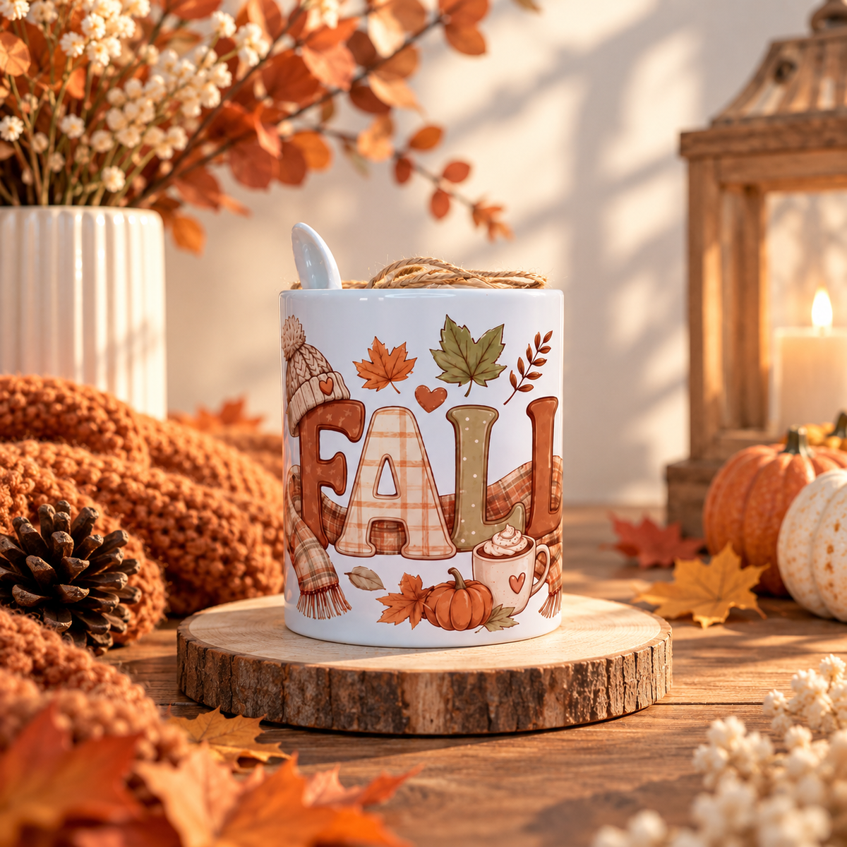 "FALL" Autumn Ceramic Mug with Spoon (11 oz)