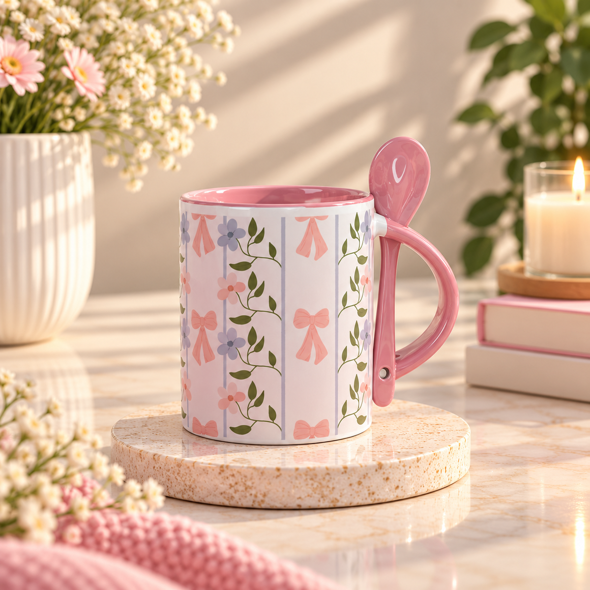 Pink Bow & Floral Ceramic Mug with Spoon (11 oz)