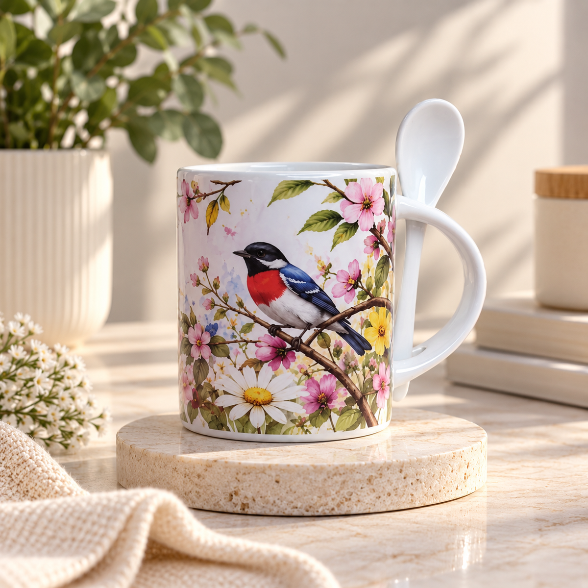 Tocororo Floral Ceramic Mug with Spoon (11 oz)