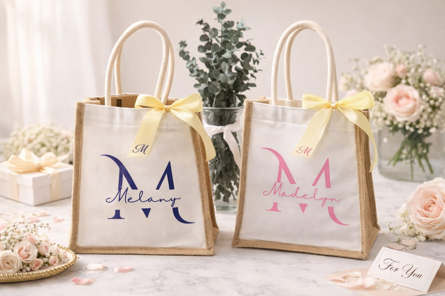 Personalized Mini Jute & Canvas Tote - Custom Name Handbag with Ribbon
