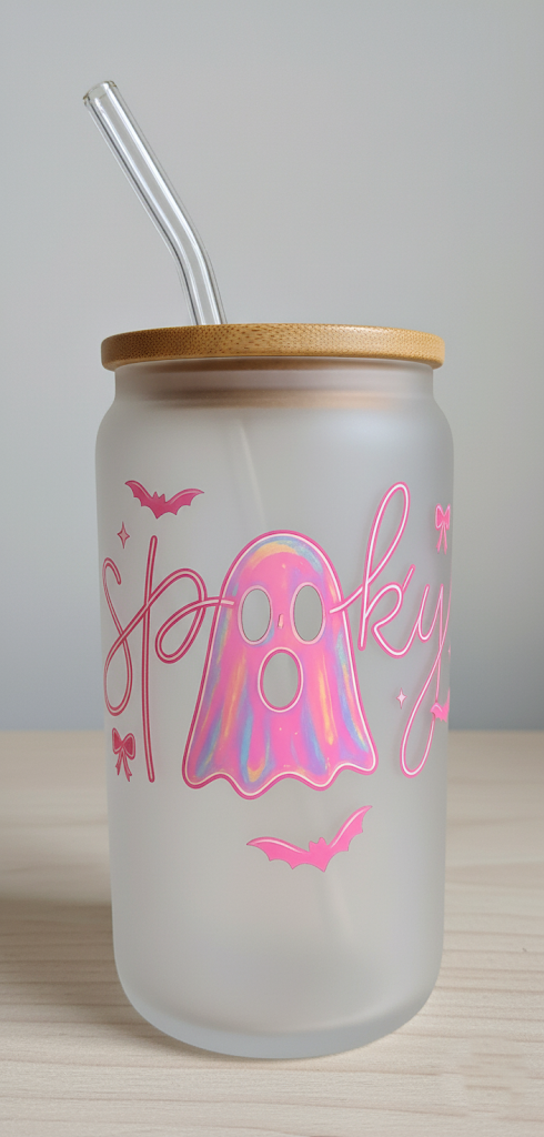 Spooky Iridescent Ghost Frosted Glass Tumbler with Bamboo Lid & Straw - Halloween Chic!