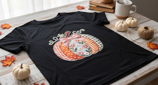 Patchwork Pattern Pumpkin T-Shirt | Cute Fall Plaid Gingham Floral Tee