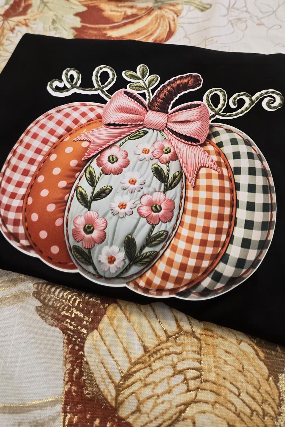 Patchwork Pattern Pumpkin T-Shirt | Cute Fall Plaid Gingham Floral Tee