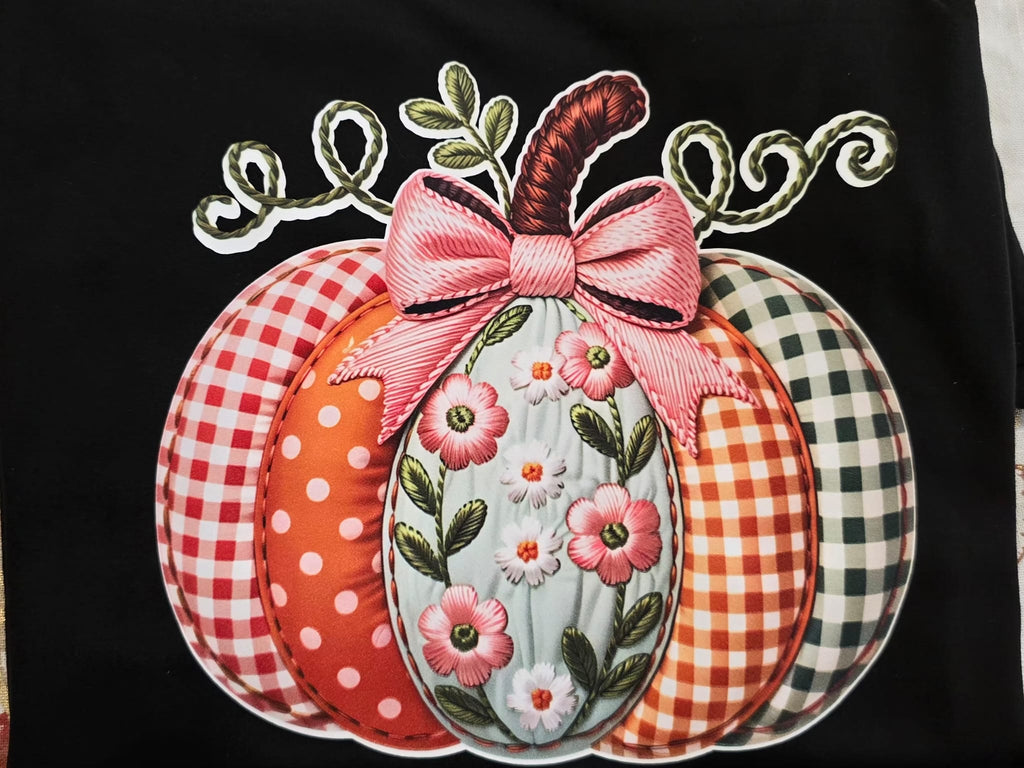 Patchwork Pattern Pumpkin T-Shirt | Cute Fall Plaid Gingham Floral Tee
