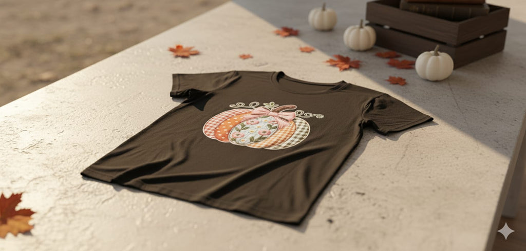 Patchwork Pattern Pumpkin T-Shirt | Cute Fall Plaid Gingham Floral Tee