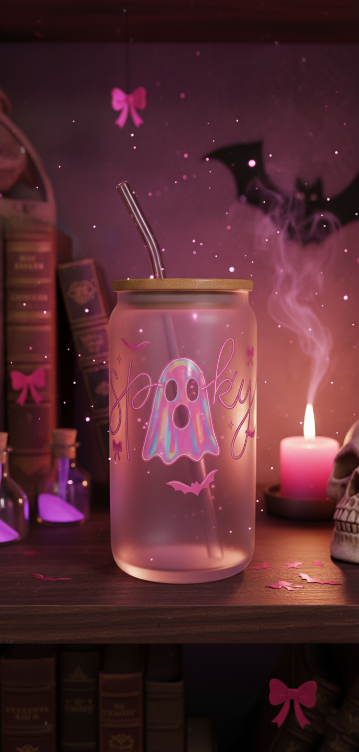 Spooky Iridescent Ghost Frosted Glass Tumbler with Bamboo Lid & Straw - Halloween Chic!