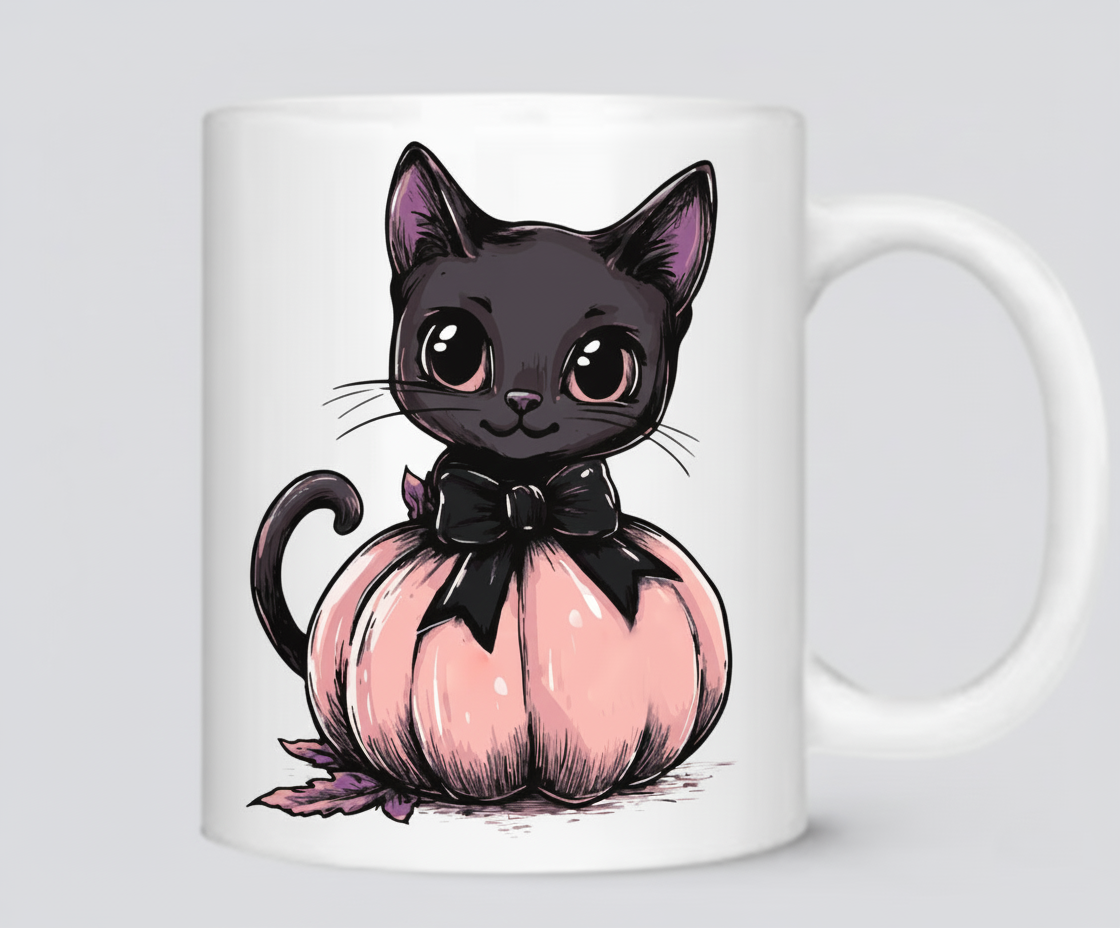 Cute & Spooky Black Cat & Pink Pumpkin Mug