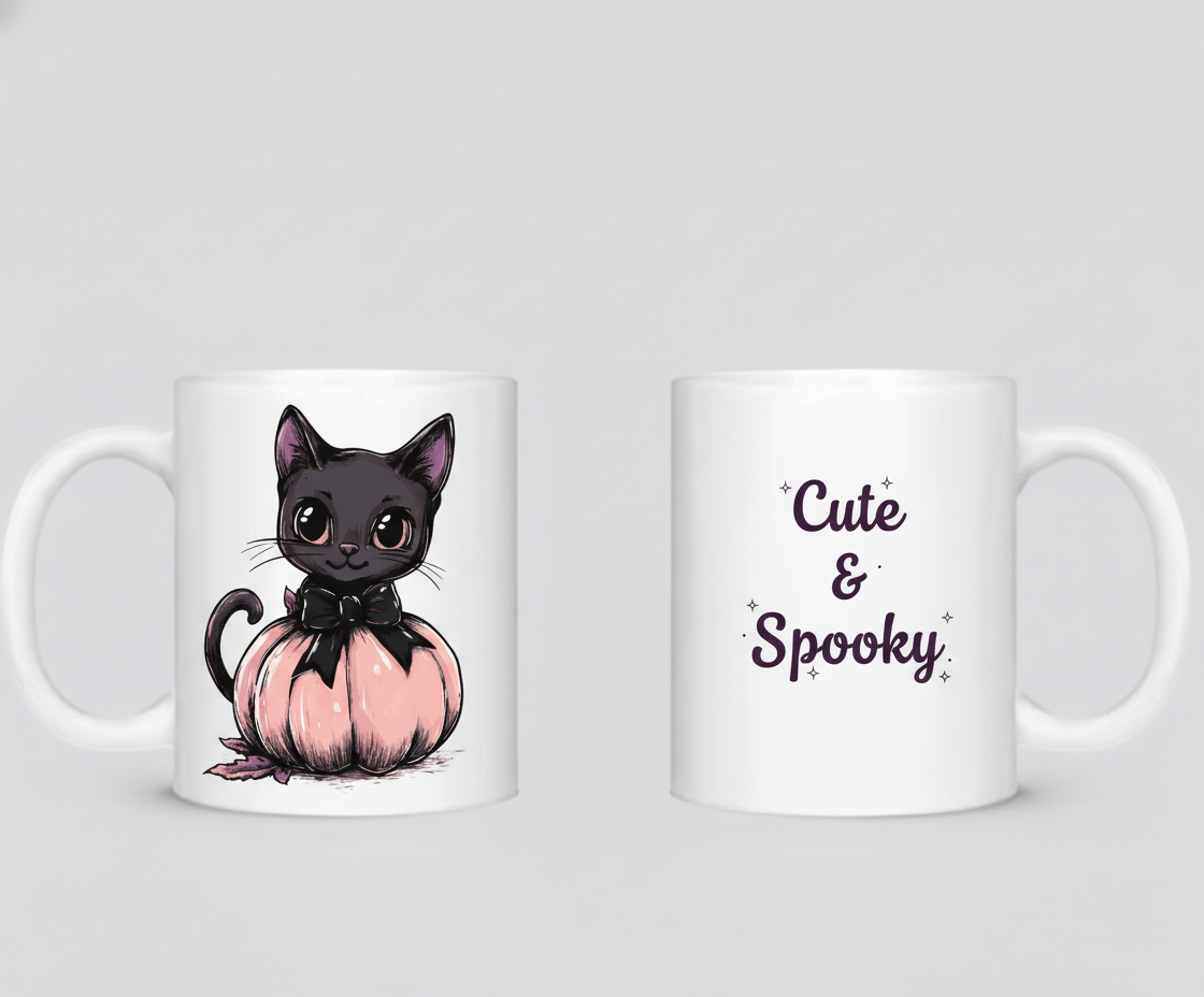 Cute & Spooky Black Cat & Pink Pumpkin Mug