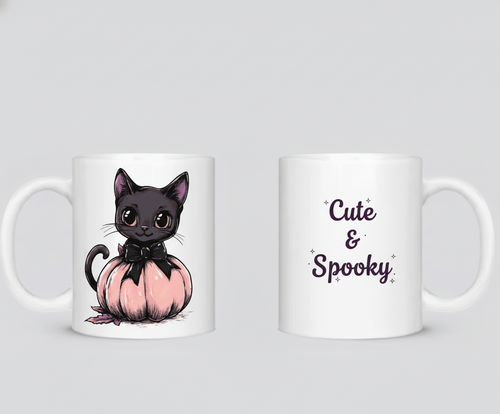 Cute & Spooky Black Cat & Pink Pumpkin Mug
