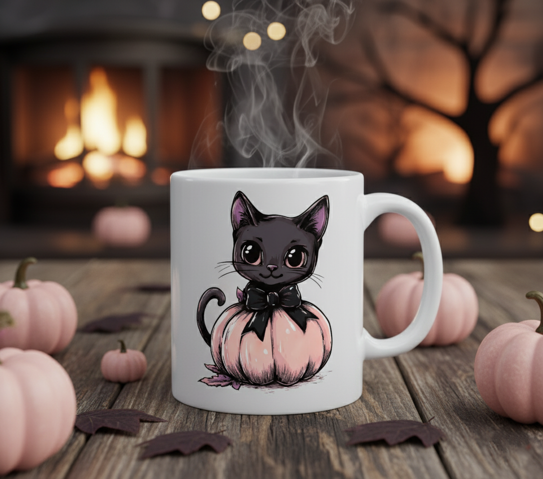 Cute & Spooky Black Cat & Pink Pumpkin Mug