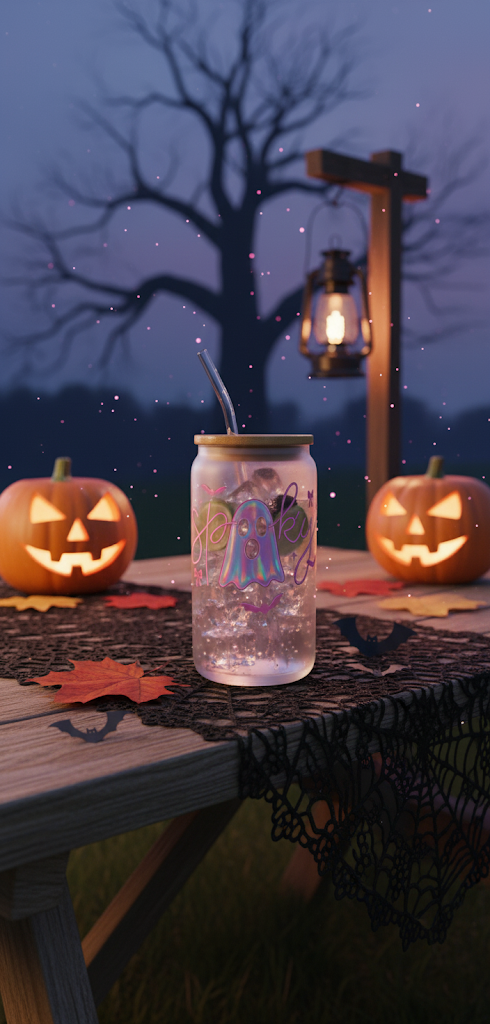 Spooky Iridescent Ghost Frosted Glass Tumbler with Bamboo Lid & Straw - Halloween Chic!
