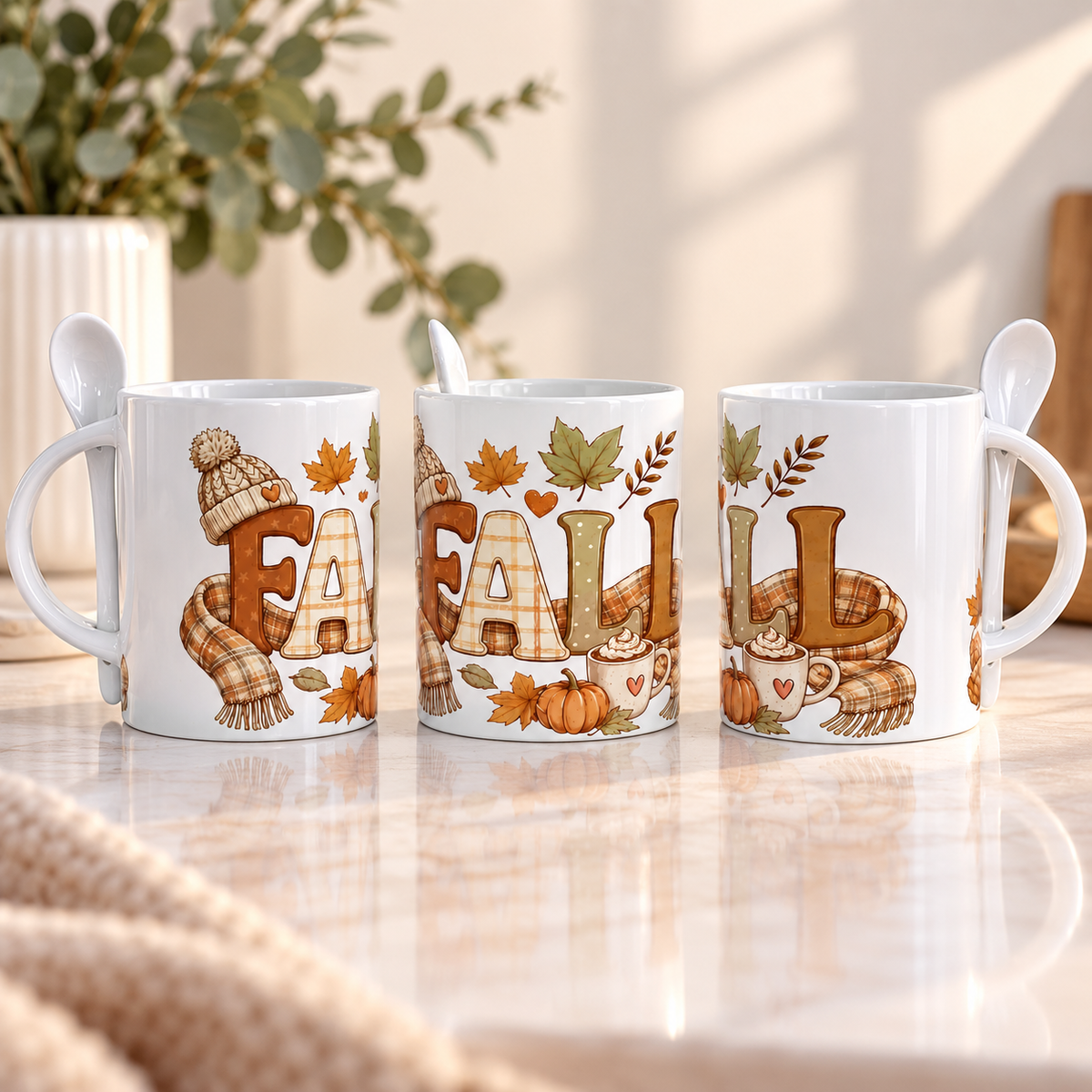 "FALL" Autumn Ceramic Mug with Spoon (11 oz)