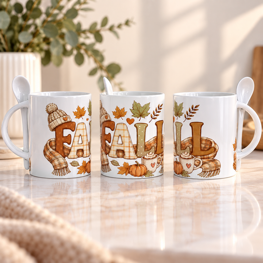 "FALL" Autumn Ceramic Mug with Spoon (11 oz)