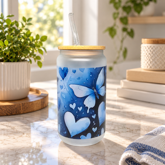 Frosted Glass Tumbler with Butterfly & Hearts Design – 16oz