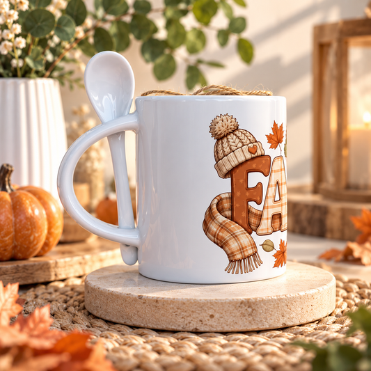 "FALL" Autumn Ceramic Mug with Spoon (11 oz)