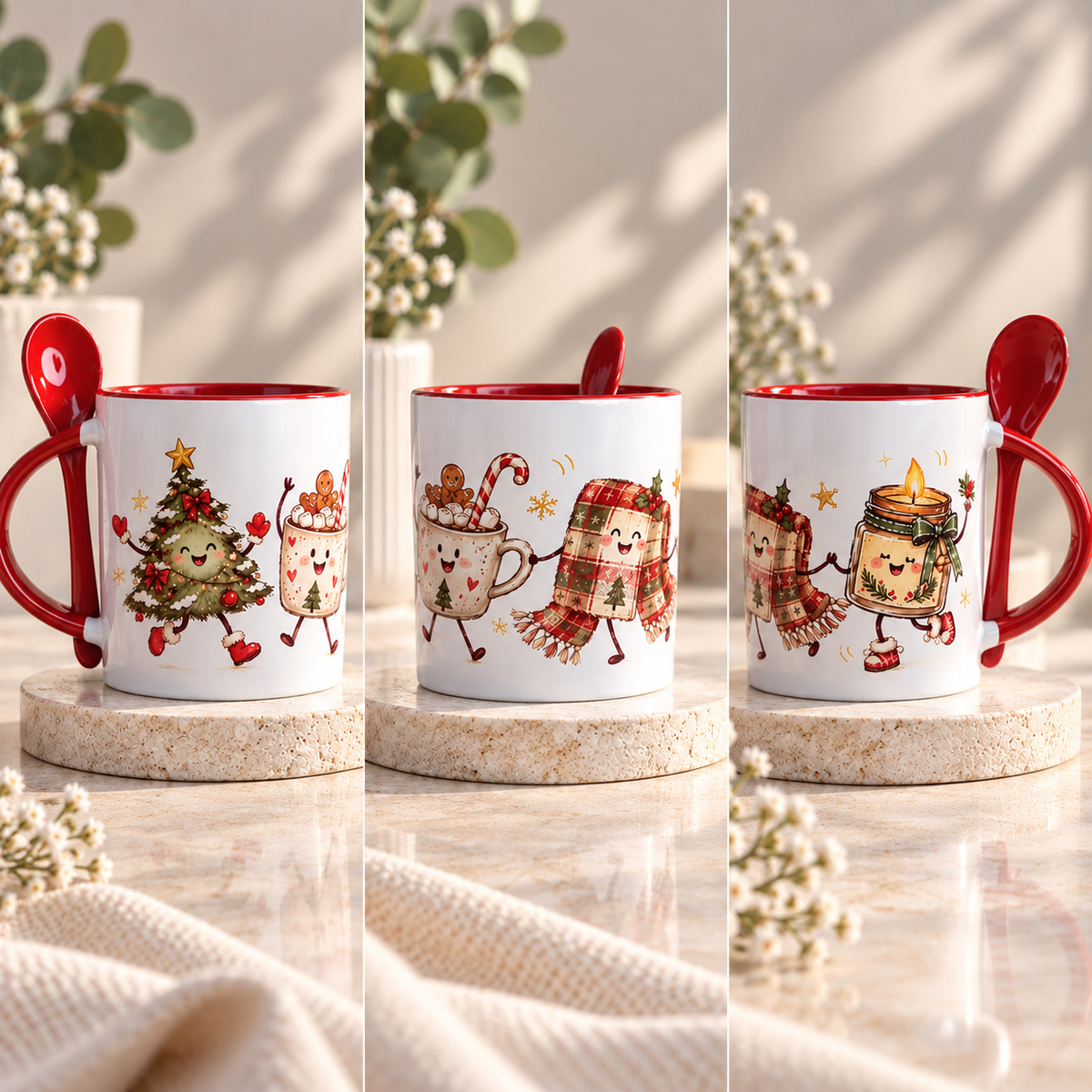 Cozy Christmas Friends Ceramic Mug with Spoon (11 oz)