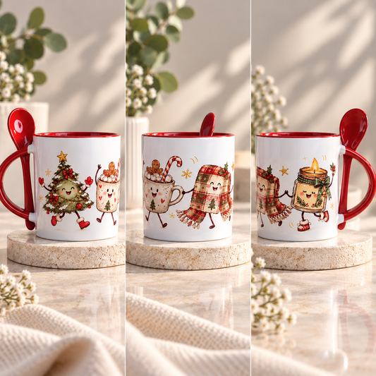 Cozy Christmas Friends Ceramic Mug with Spoon (11 oz)