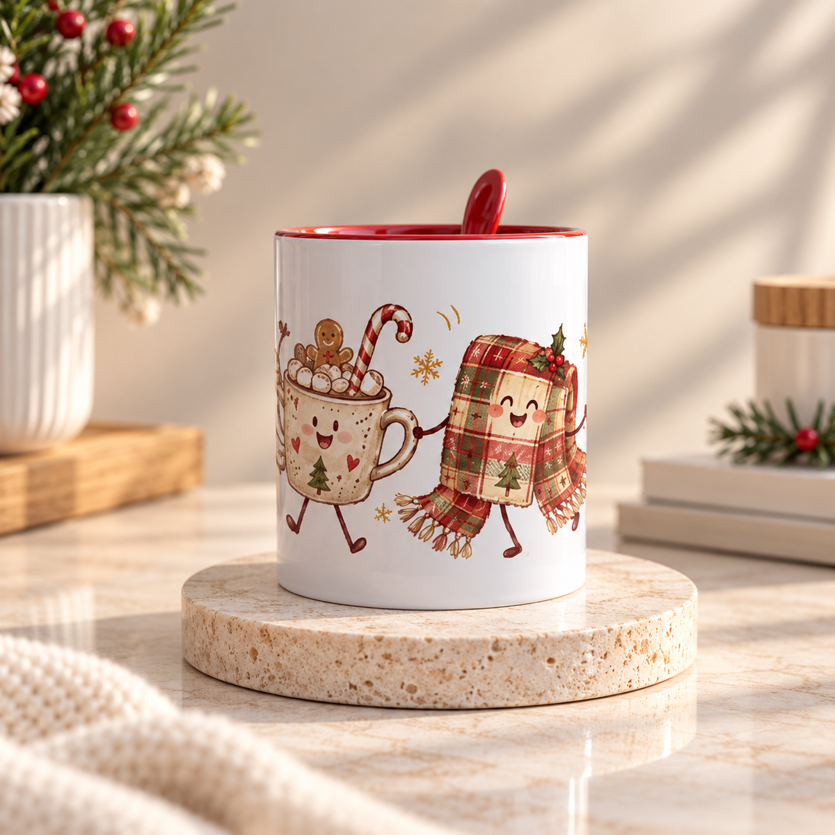 Cozy Christmas Friends Ceramic Mug with Spoon (11 oz)