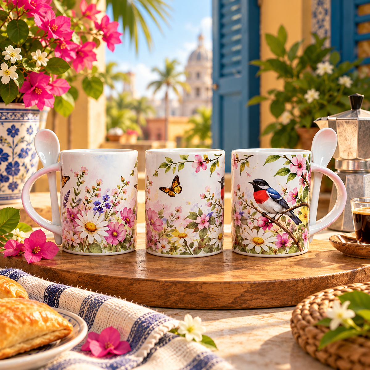 Tocororo Floral Ceramic Mug with Spoon (11 oz)