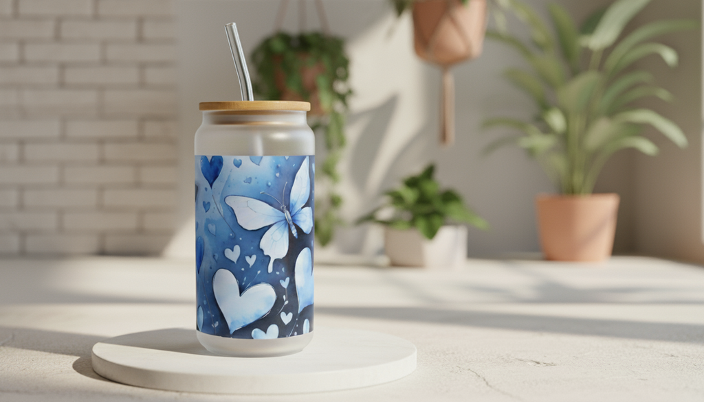 Frosted Glass Tumbler with Butterfly & Hearts Design – 16oz