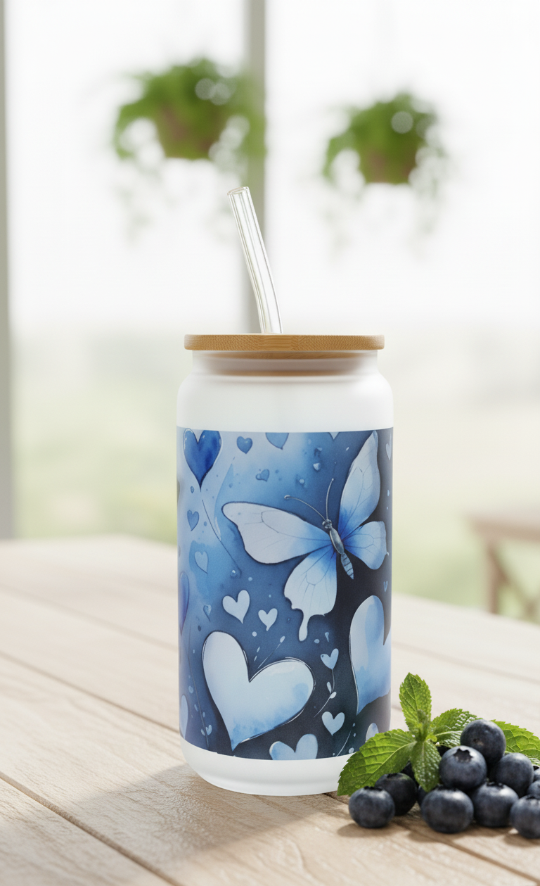Frosted Glass Tumbler with Butterfly & Hearts Design – 16oz