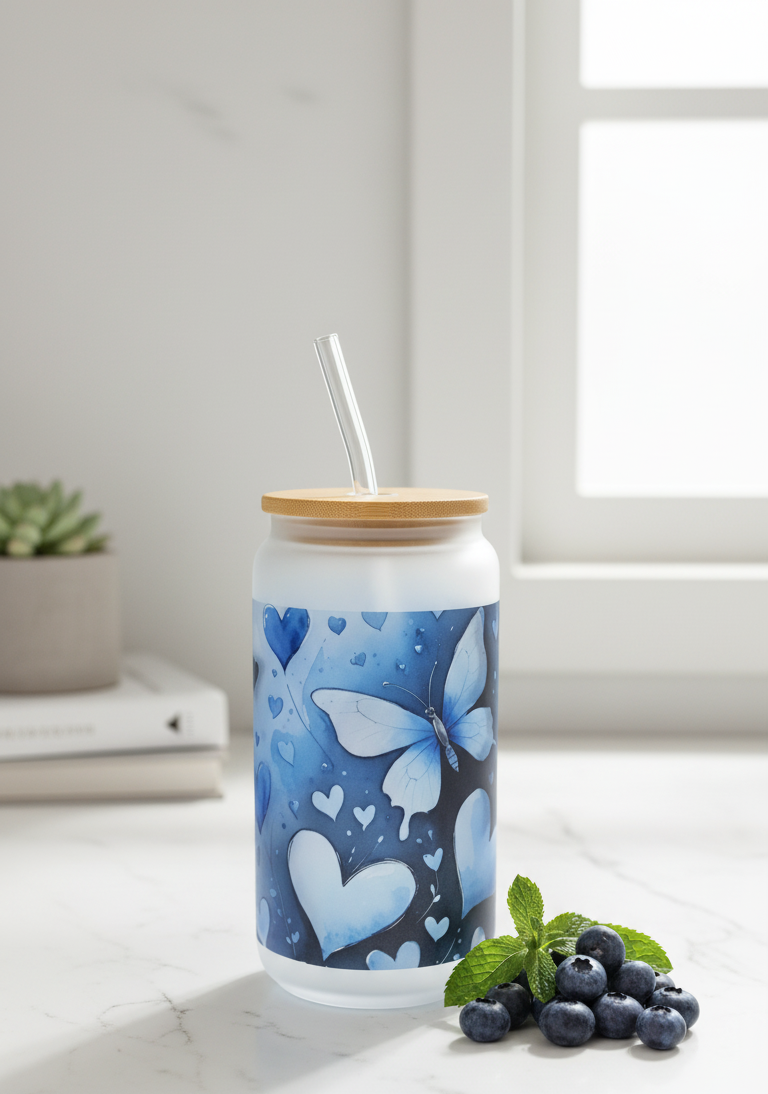 Frosted Glass Tumbler with Butterfly & Hearts Design – 16oz