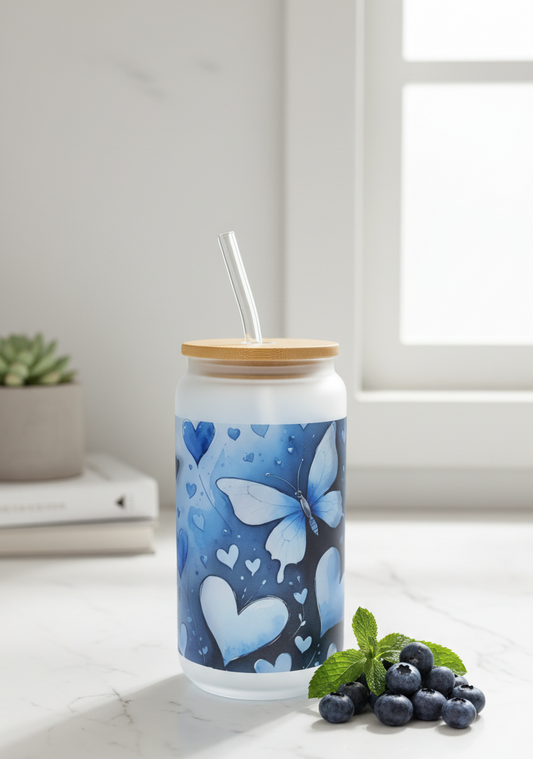 Frosted Glass Tumbler with Butterfly & Hearts Design – 16oz