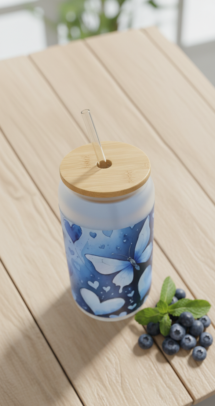 Frosted Glass Tumbler with Butterfly & Hearts Design – 16oz