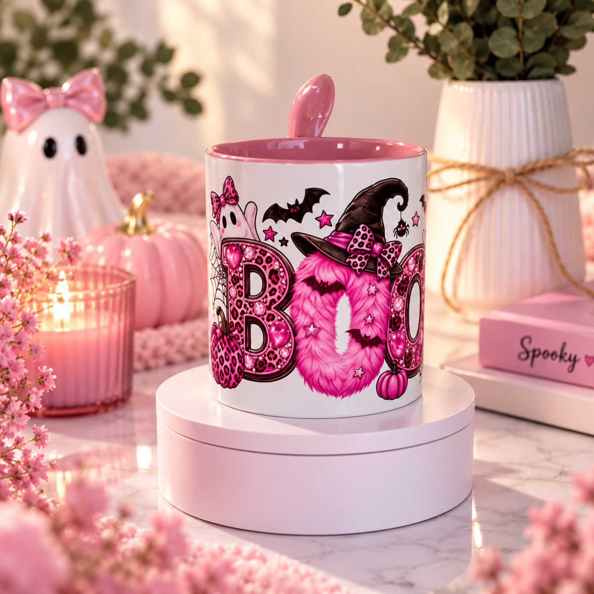 Pink Halloween "BOO" Ceramic Mug with Spoon (11 oz)