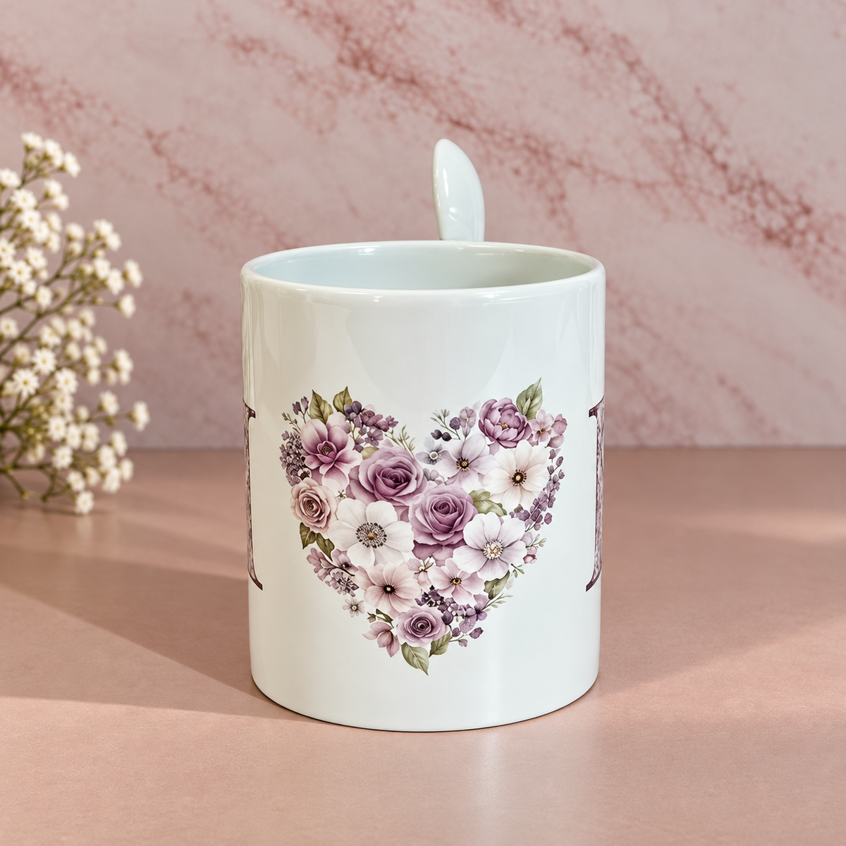 "MOM" Floral Ceramic Mug with Spoon (11 oz)