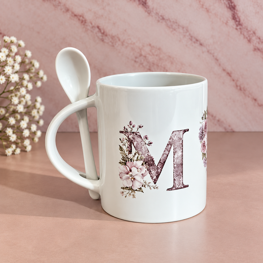 "MOM" Floral Ceramic Mug with Spoon (11 oz)