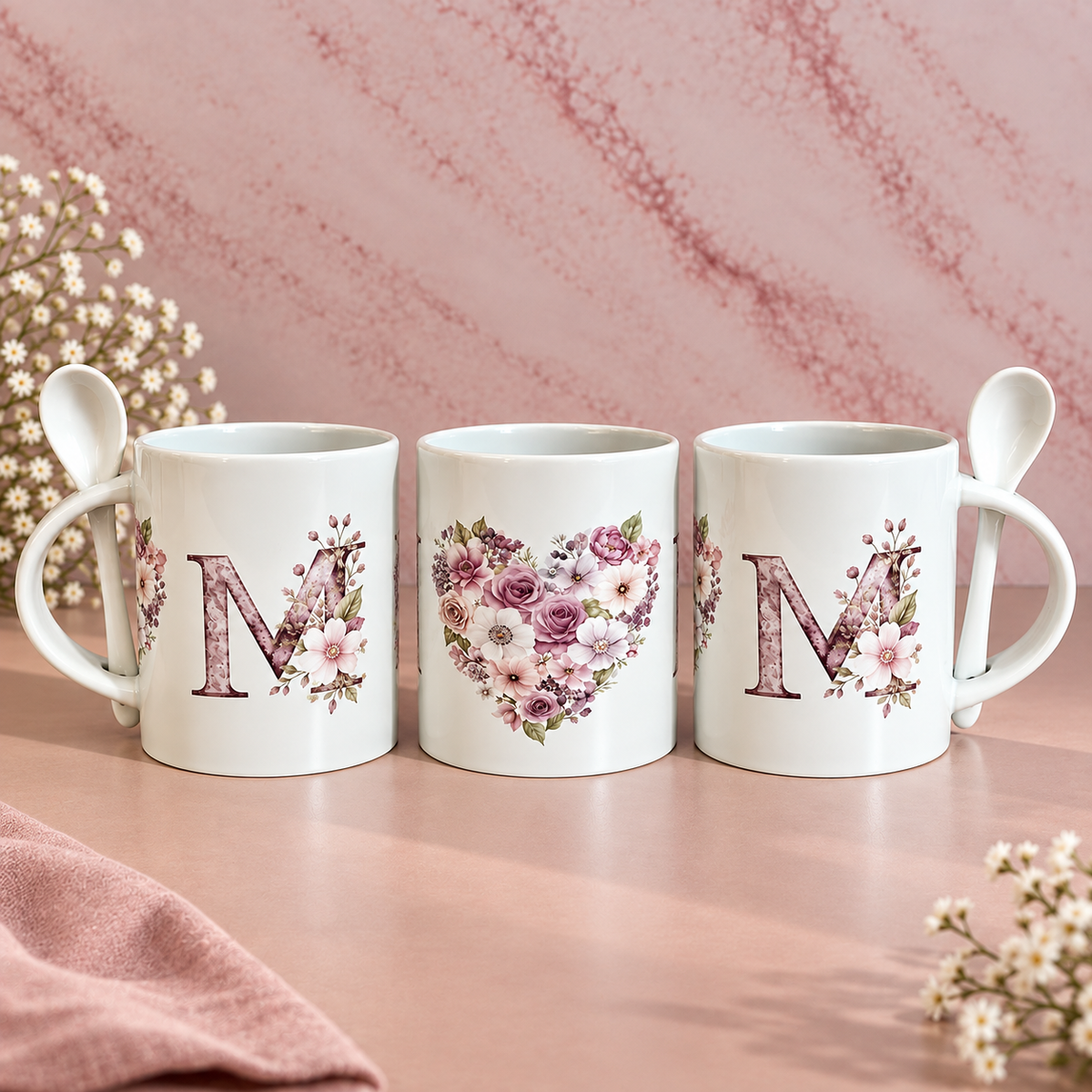 "MOM" Floral Ceramic Mug with Spoon (11 oz)