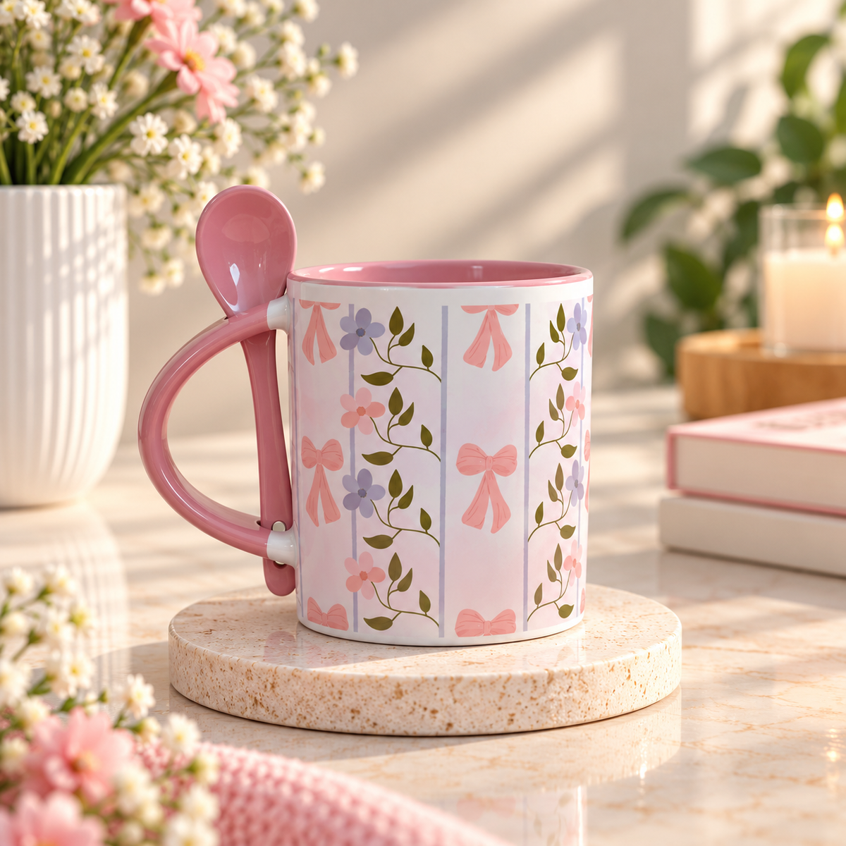 Pink Bow & Floral Ceramic Mug with Spoon (11 oz)