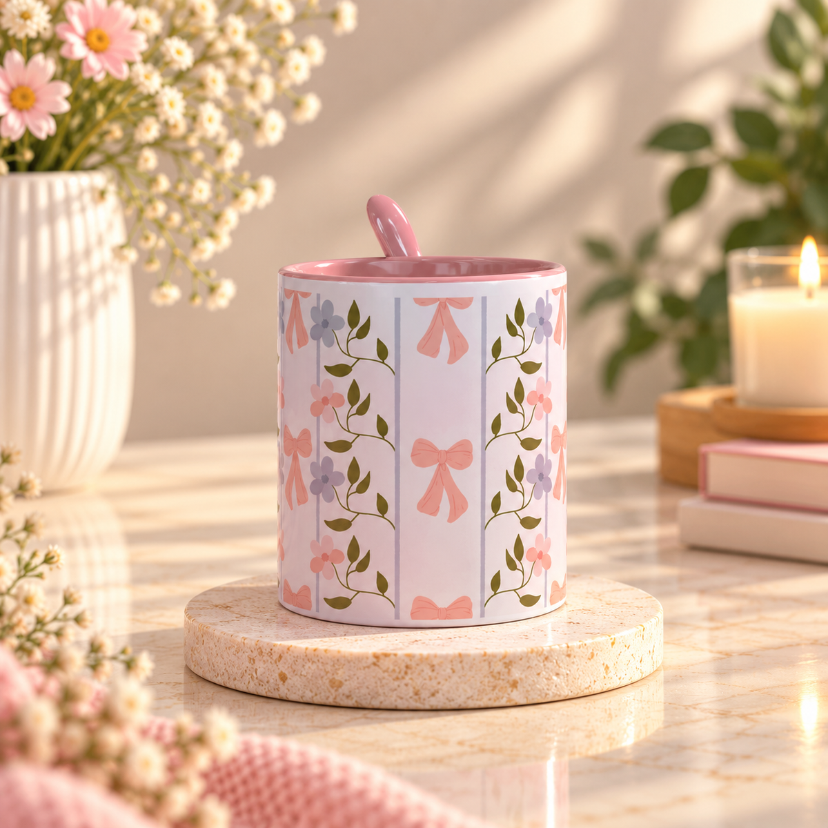Pink Bow & Floral Ceramic Mug with Spoon (11 oz)