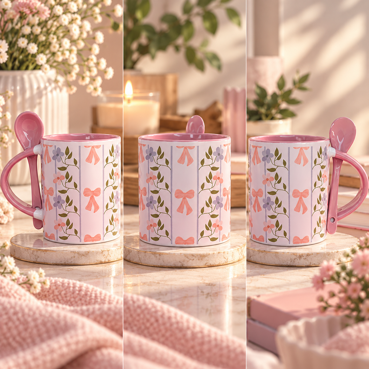 Pink Bow & Floral Ceramic Mug with Spoon (11 oz)