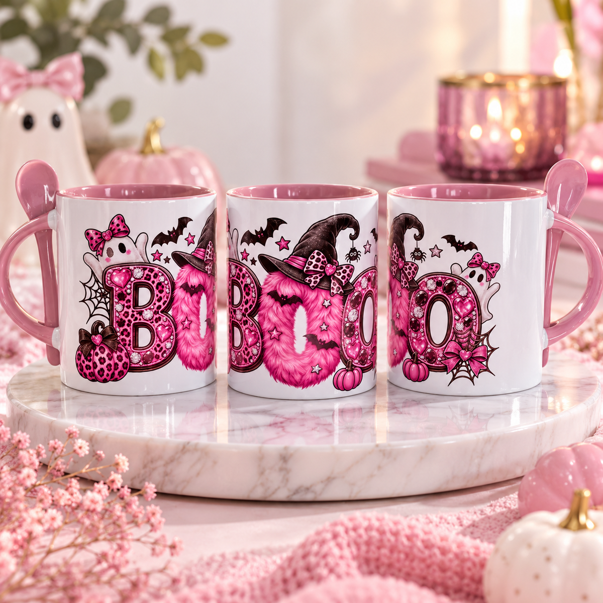 Pink Halloween "BOO" Ceramic Mug with Spoon (11 oz)