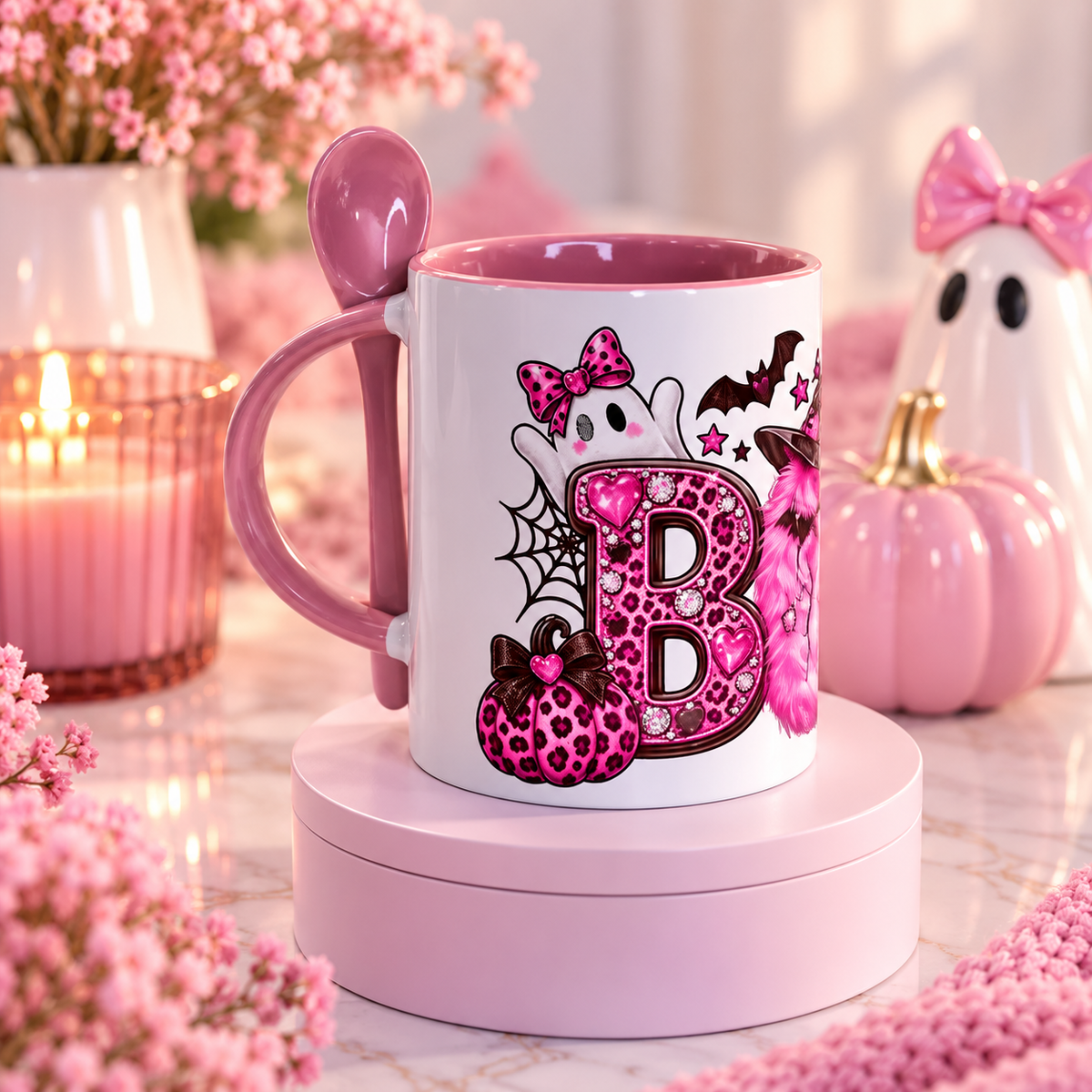 Pink Halloween "BOO" Ceramic Mug with Spoon (11 oz)