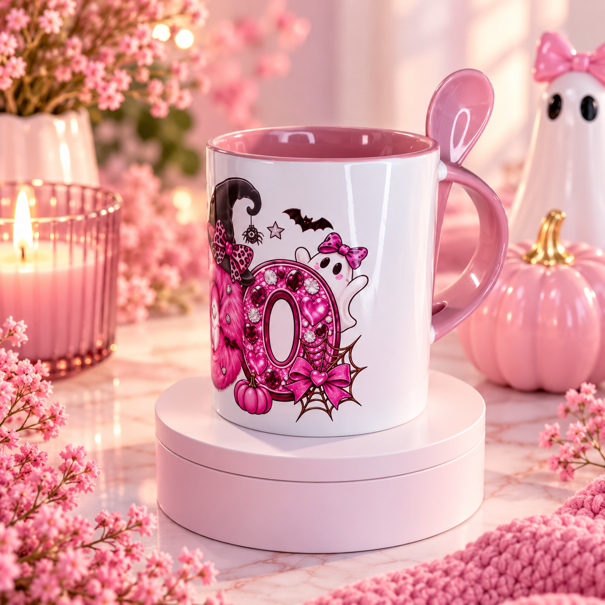 Pink Halloween "BOO" Ceramic Mug with Spoon (11 oz)
