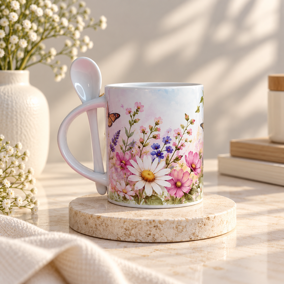 Tocororo Floral Ceramic Mug with Spoon (11 oz)