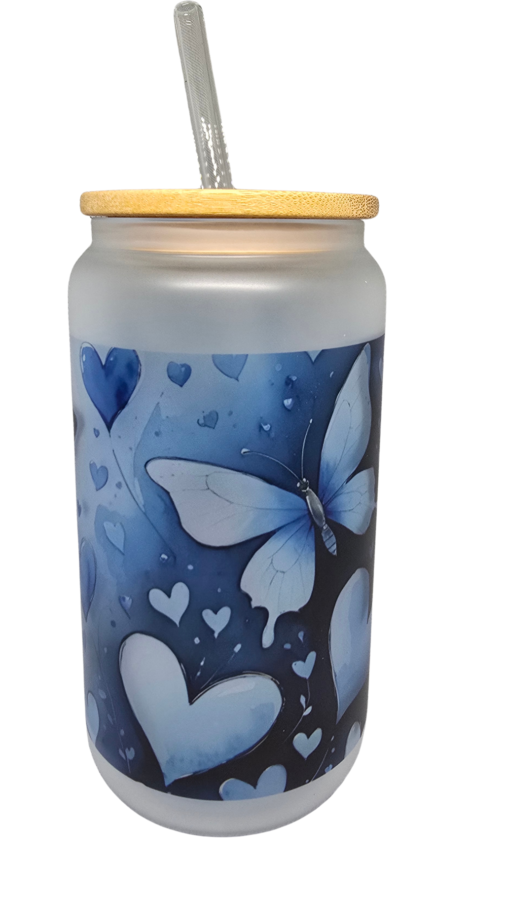 Frosted Glass Tumbler with Butterfly & Hearts Design – 16oz