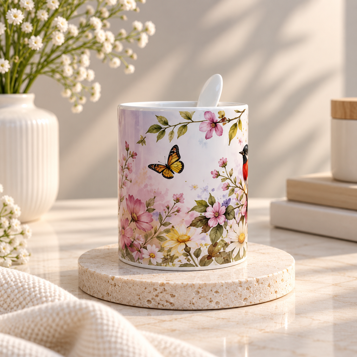 Tocororo Floral Ceramic Mug with Spoon (11 oz)