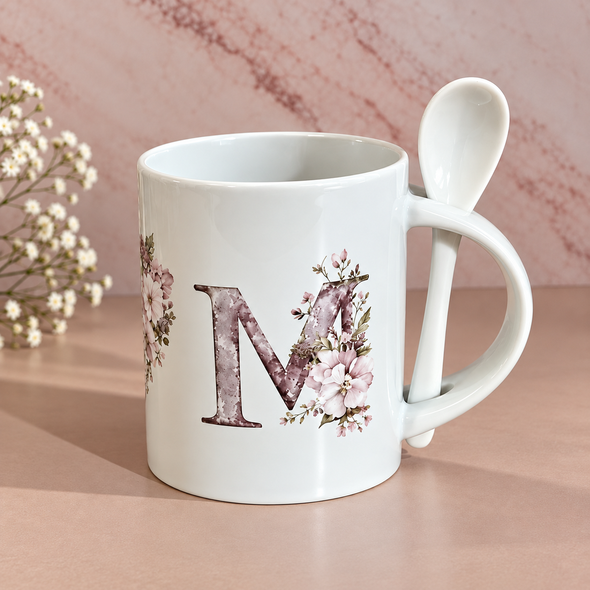 "MOM" Floral Ceramic Mug with Spoon (11 oz)