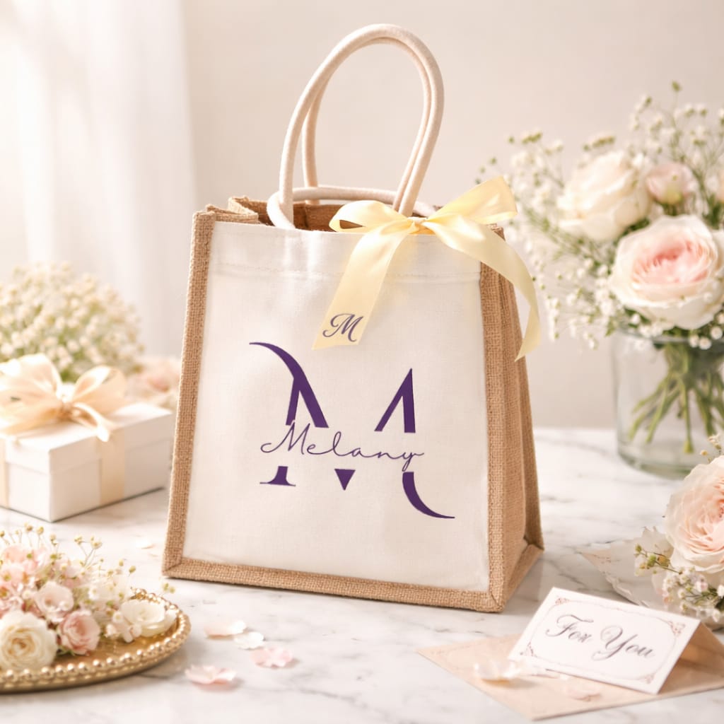 Personalized Mini Jute & Canvas Tote - Custom Name Handbag with Ribbon