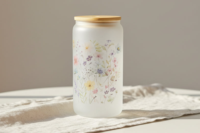Floral Glass Tumbler with Bamboo Lid - 16 oz Sublimation Drinkware