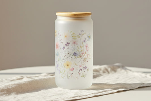 Floral Glass Tumbler with Bamboo Lid - 16 oz Sublimation Drinkware