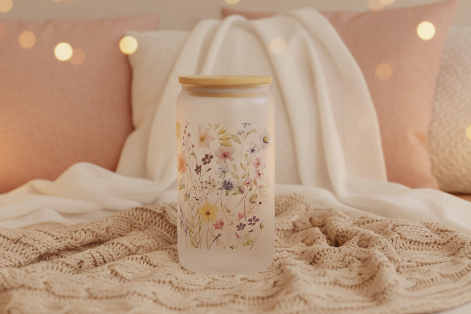 Floral Glass Tumbler with Bamboo Lid - 16 oz Sublimation Drinkware