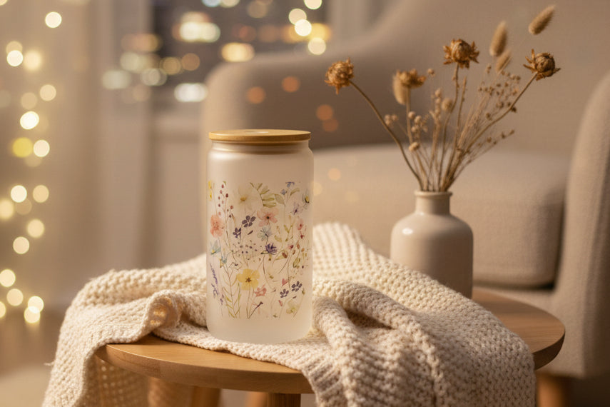 Floral Glass Tumbler with Bamboo Lid - 16 oz Sublimation Drinkware